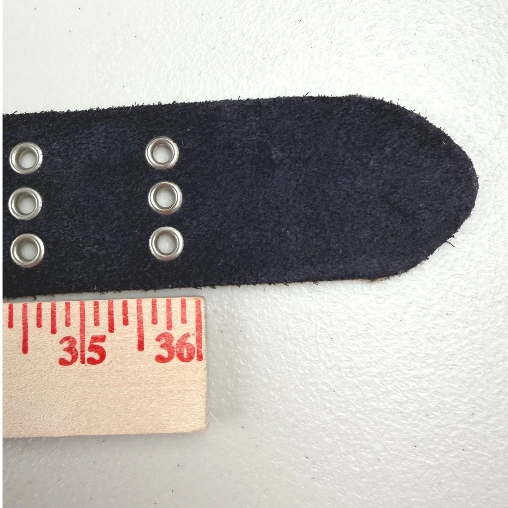 Off The Hip Navy Blue Suede Triple Grommet Belt Wide Triple Prong Buckle Y2K